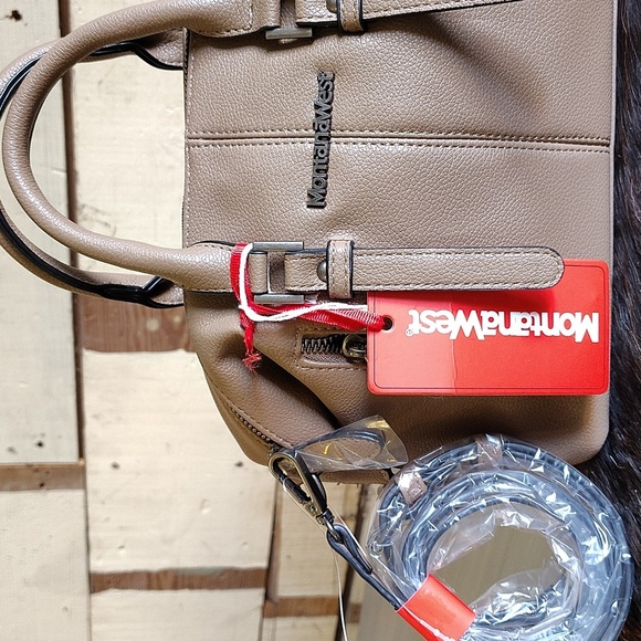 Montana West satchel crossbody bag beige zip lop double handle PU leather pocket - Picture 2 of 8